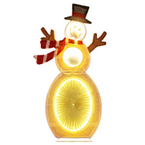 Lighted snowman yard figure on a metal stand