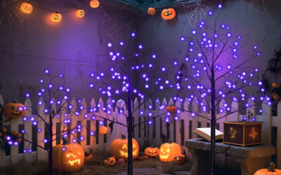 Set of lighted bare Halloween trees in three heights