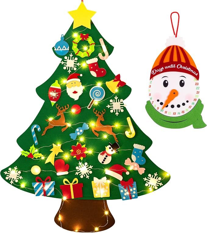 DIY felt Christmas tree wall hanging with a snowman advent countdown ornament