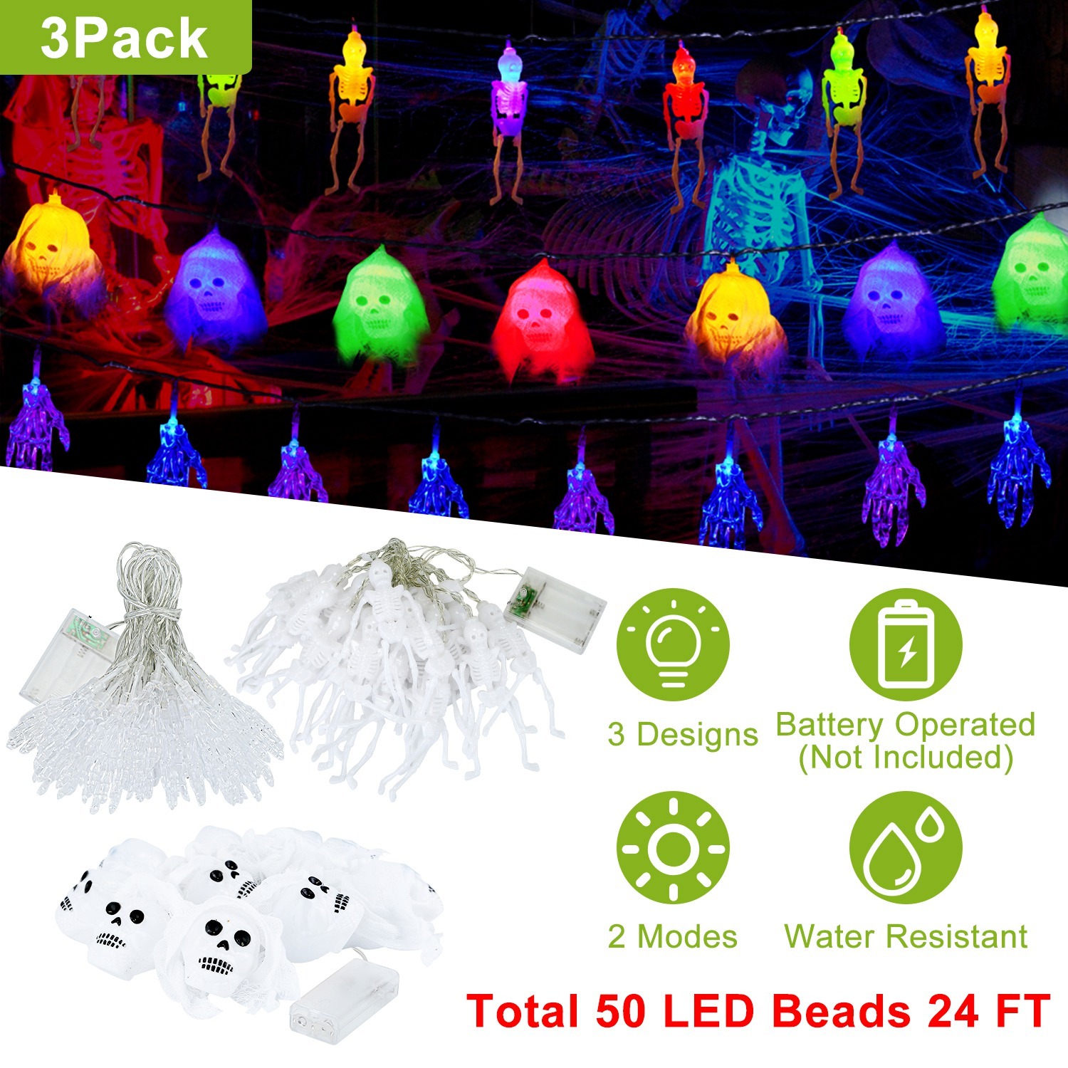 Halloween String Lights, Set of 3, 50 LED, 24 ft