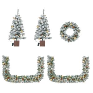 Snow flocked pre lit Christmas set with garland, wreath and two entrance trees