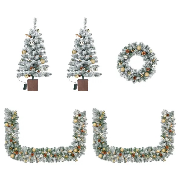 Snow flocked pre lit Christmas set with garland, wreath and two entrance trees