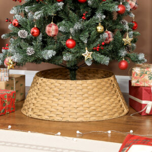 Woven Christmas tree collar in a rustic natural wood tone