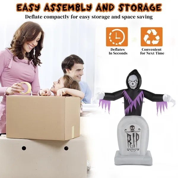 8 ft Grim Reaper and Grave Inflatable with LED String Lights, 3 Piece - Image 5