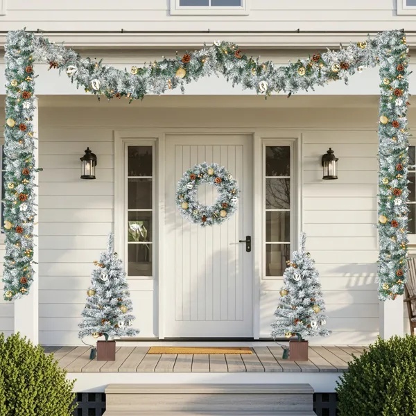 Snow flocked pre lit Christmas set with garland, wreath and two entrance trees, view 3
