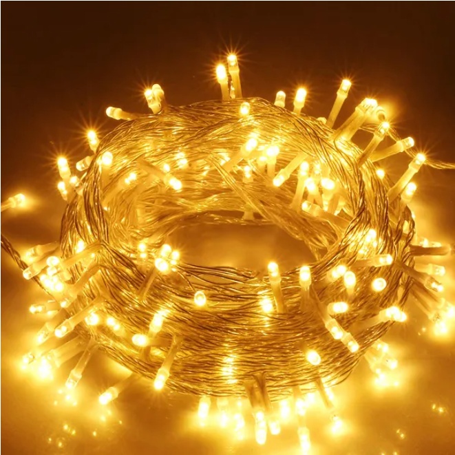 Warm white LED string lights on a long weatherproof strand, view 2
