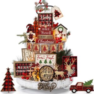 Wooden Christmas tiered tray decor pieces in buffalo plaid