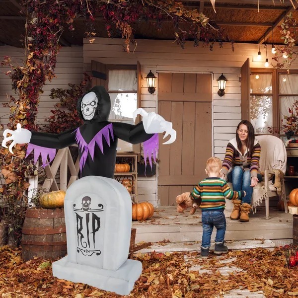 8 ft Grim Reaper and Grave Inflatable with LED String Lights, 3 Piece