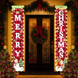 Lighted Christmas porch banners with buffalo plaid snowman and Santa designs