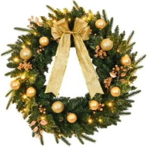 Battery powered Christmas wreath with warm white LEDs and a remote