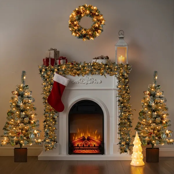 Snow flocked pre lit Christmas set with garland, wreath and two entrance trees, view 2