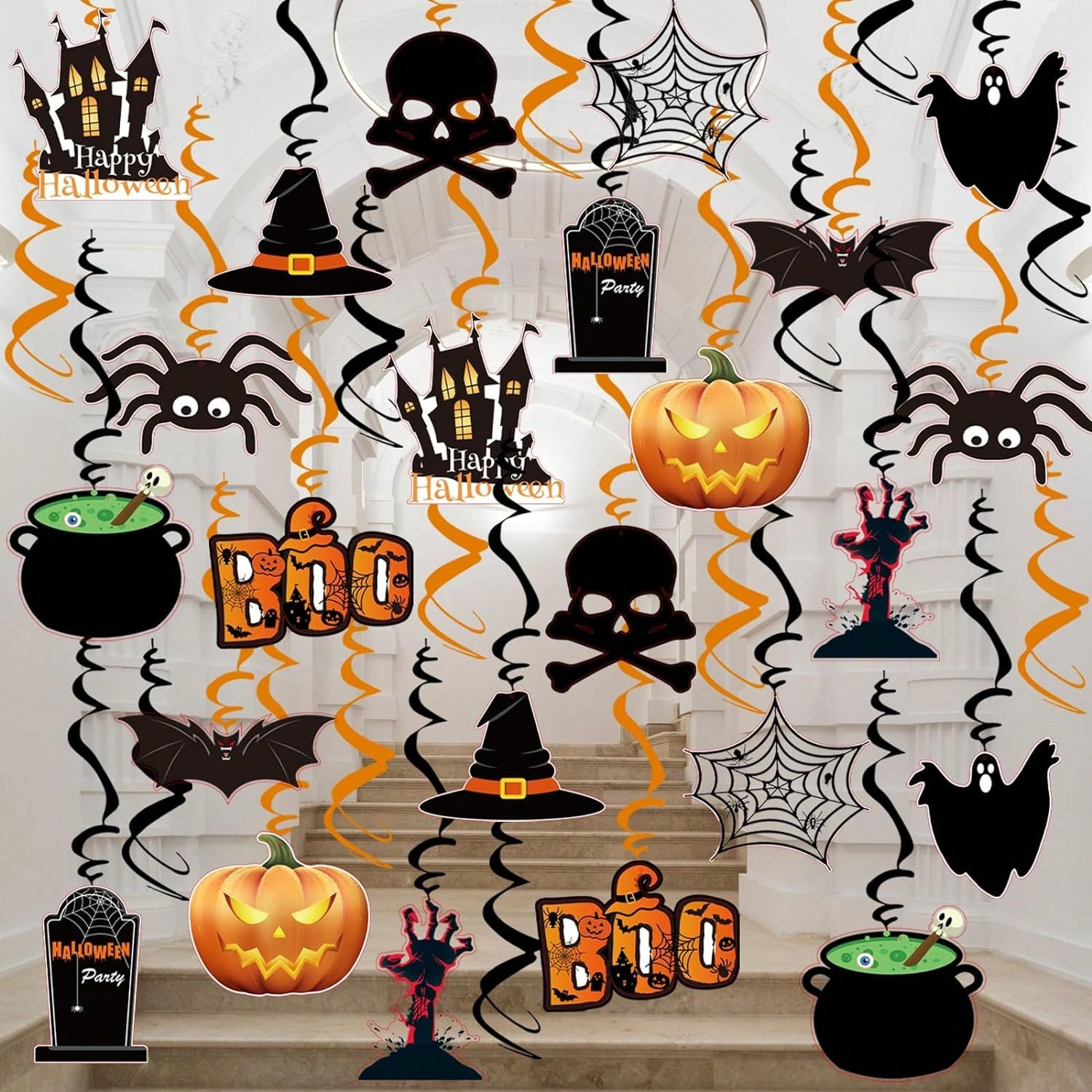 36-Piece Halloween Hanging Swirl Decorations with Ghosts, Pumpkins and Bats