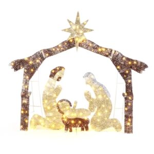 Lighted outdoor nativity scene mounted on ground stakes
