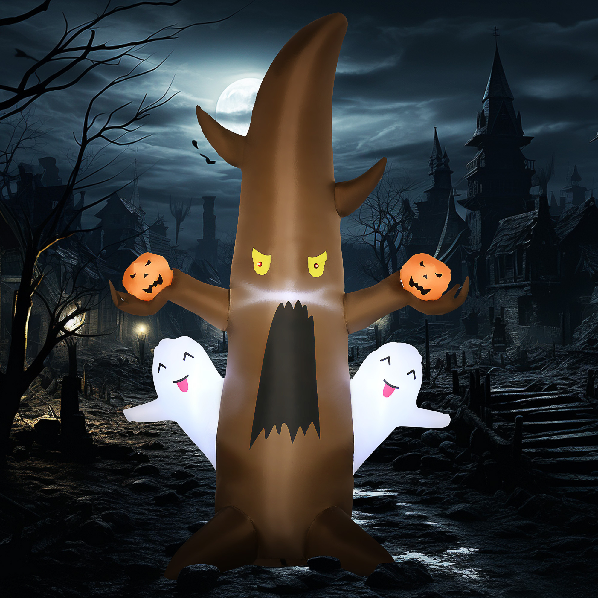 Halloween Inflatable Ghost Tree with Pumpkins, 5 Piece LED Yard Decor - Image 4