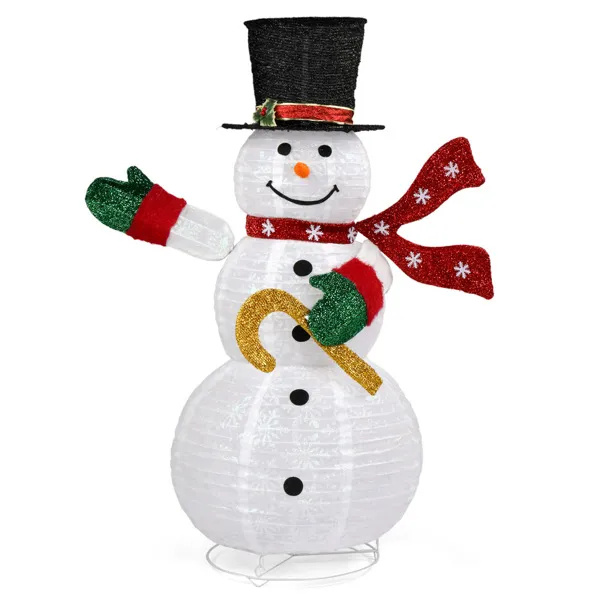 Collapsible pop up snowman lit with warm white LEDs