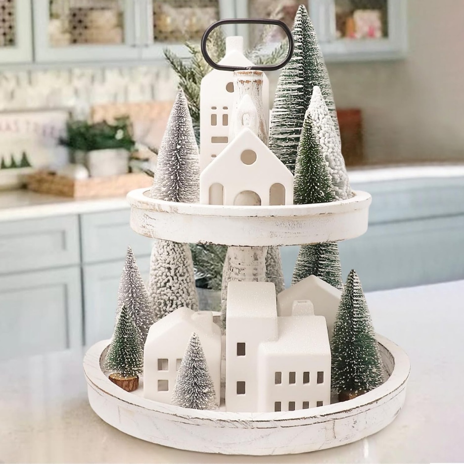 Lighted ceramic Christmas village with houses, trees and LED tea lights, view 3