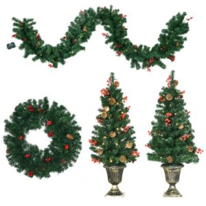 Pre lit Christmas entrance set with a garland, a wreath and two small trees