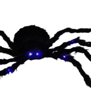 Giant black furry Halloween spider with light up blue eyes