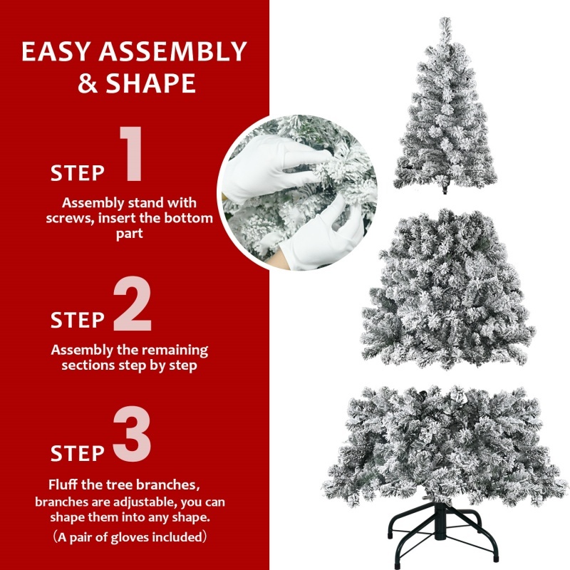 Snow flocked artificial Christmas tree on a foldable base, view 3