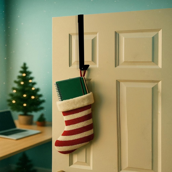 Black metal over the door hanger for a wreath and stockings, view 3