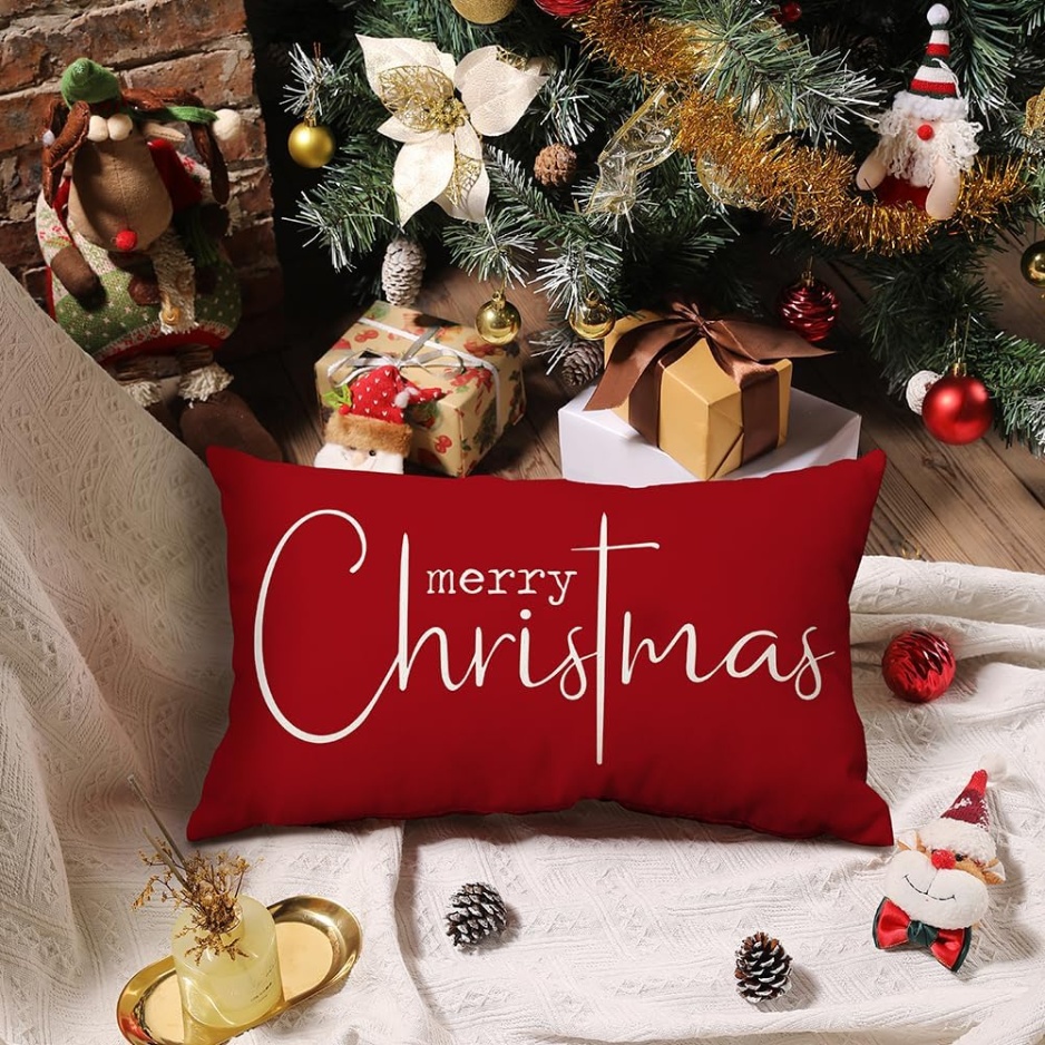 Red Merry Christmas lumbar pillow cover, view 2
