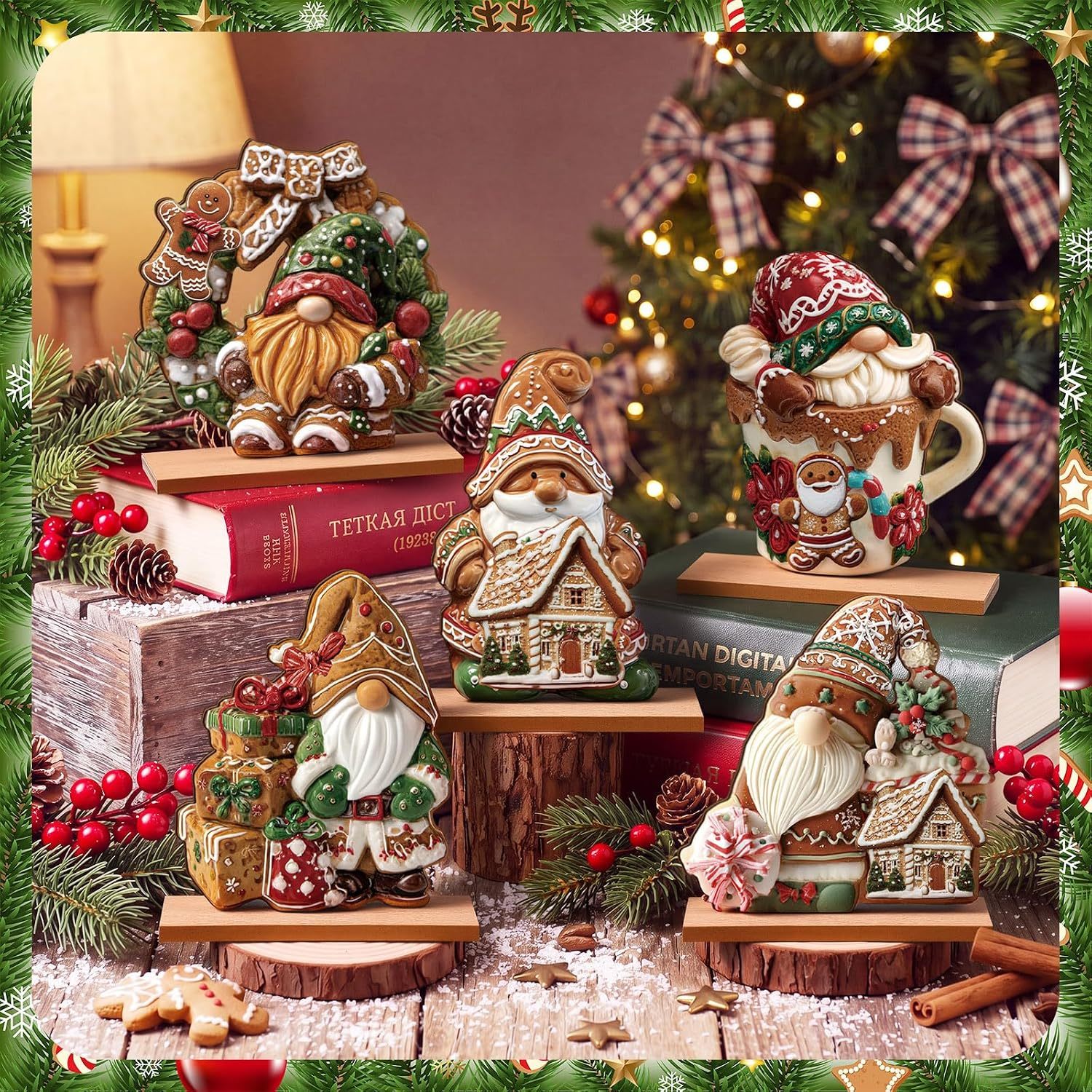 Wooden gingerbread gnome figures for a table centerpiece, view 2