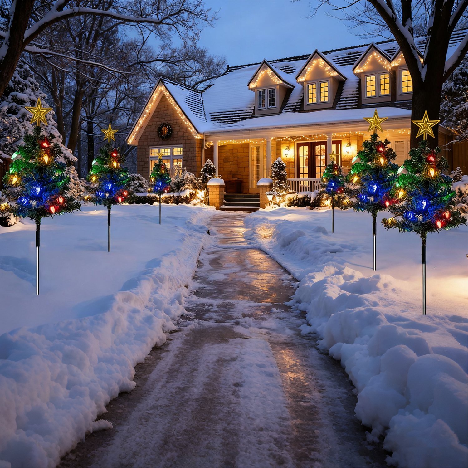 Pair of solar Christmas tree path lights with eight lighting modes, view 3