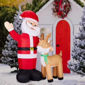 Inflatable Santa with a reindeer, lit from within for the yard
