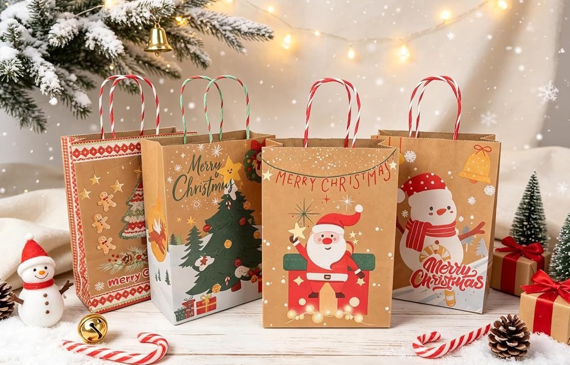 Assorted kraft Christmas gift bags with handles arranged on a snowy surface