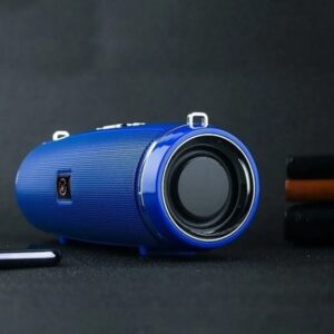 Blue waterproof portable Bluetooth speaker shown from the side