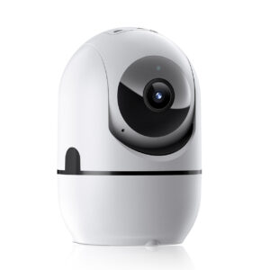 White pan and tilt WiFi security camera on a plain background