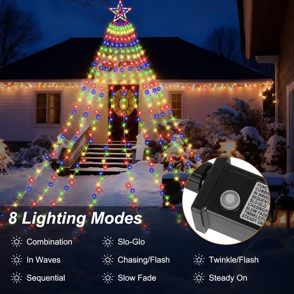 Star topper waterfall lights cascading down a Christmas tree, view 4