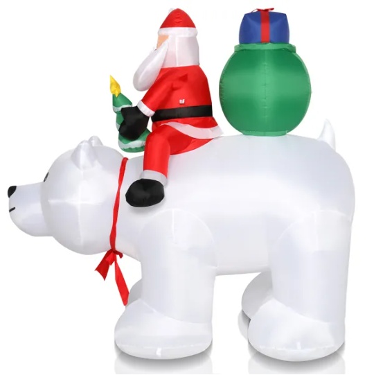 Inflatable Santa riding a polar bear, lit for a Christmas yard display, view 3