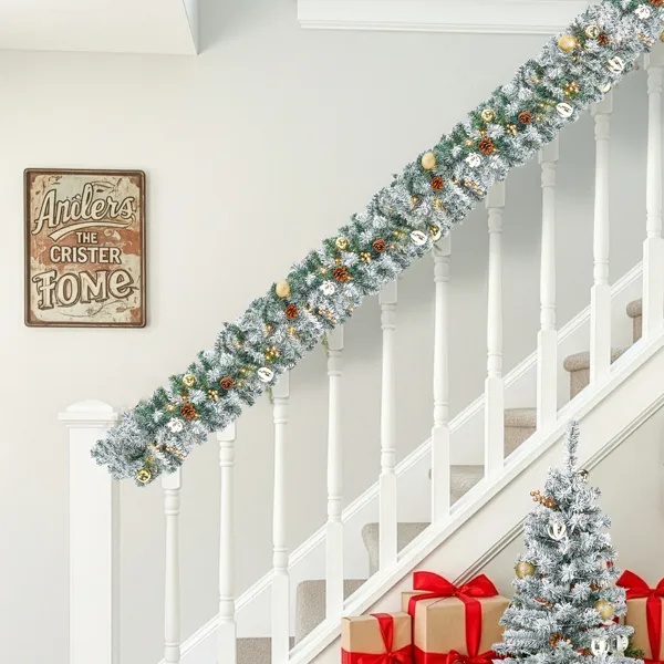 Snow flocked pre lit Christmas set with garland, wreath and two entrance trees, view 4