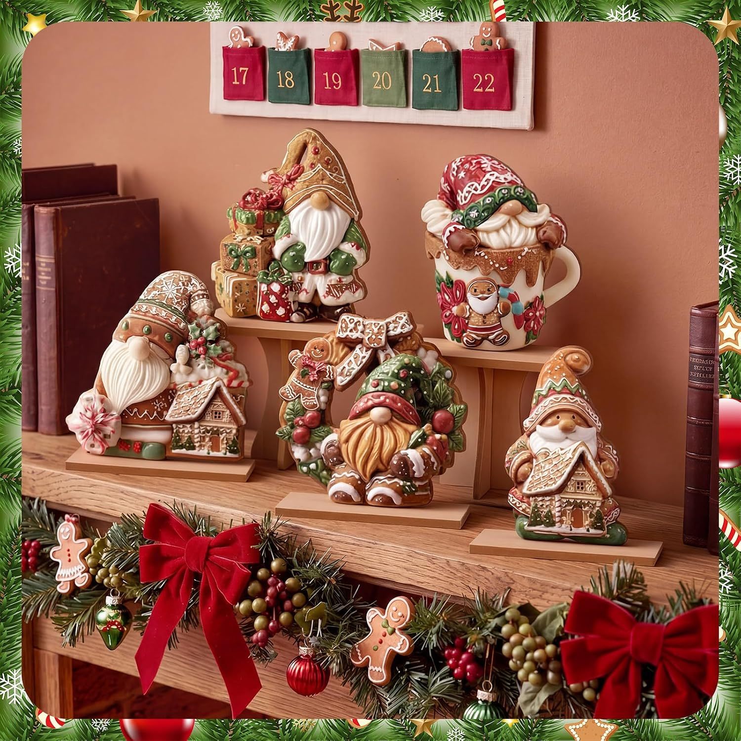 Wooden gingerbread gnome figures for a table centerpiece, view 3