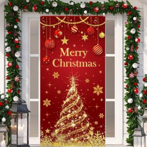 Merry Christmas door cover banner with a red and gold tree