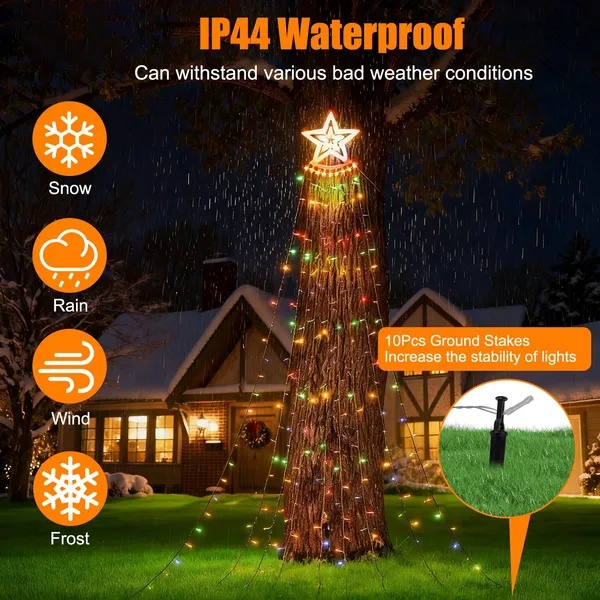 Star topper waterfall lights cascading down a Christmas tree, view 5