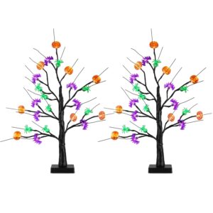Pair of light up Halloween trees with purple and orange pumpkin and bat lights