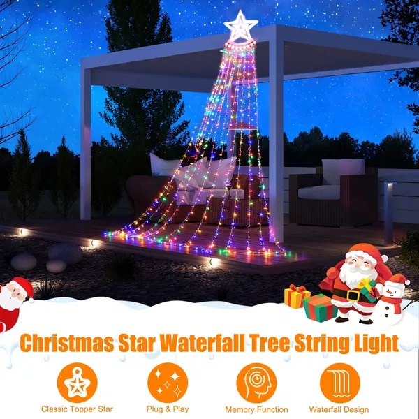 Star topper waterfall lights cascading down a Christmas tree, view 2