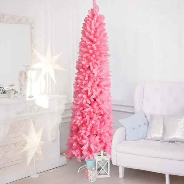 Slim pink pencil Christmas tree with densely packed branch tips, view 4