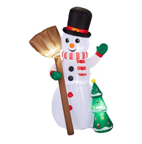 Inflatable snowman holding a broom beside a tree, lit from within, view 3