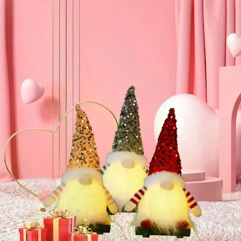 Light up gnome figures wearing glitter sequin hats