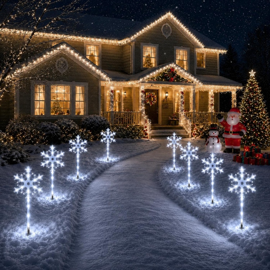 Solar snowflake pathway light stakes with white LEDs, view 2