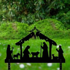 Metal nativity silhouette mounted on a yard stake