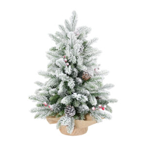 Small snow flocked tabletop Christmas tree with cones and berries