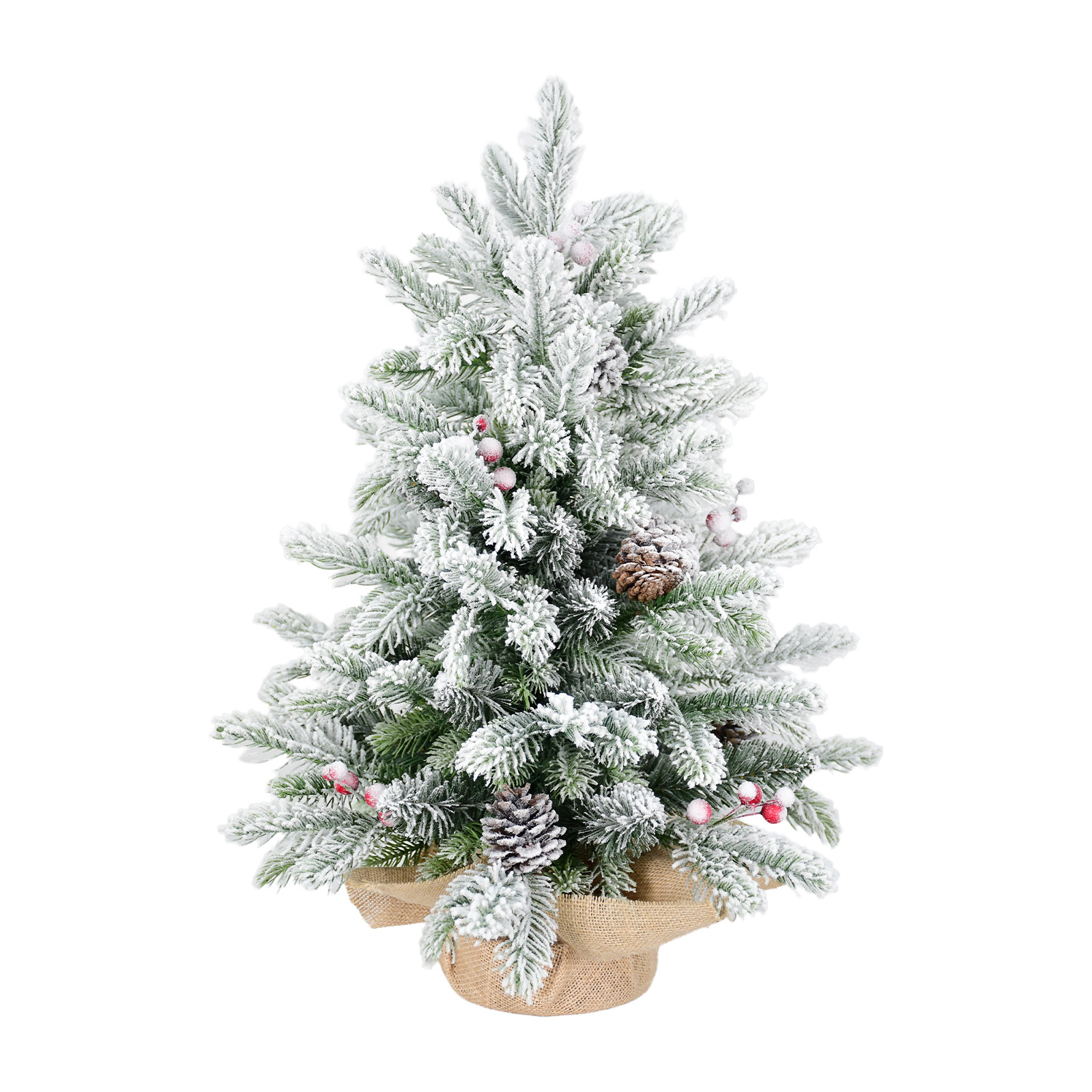 Small snow flocked tabletop Christmas tree with cones and berries