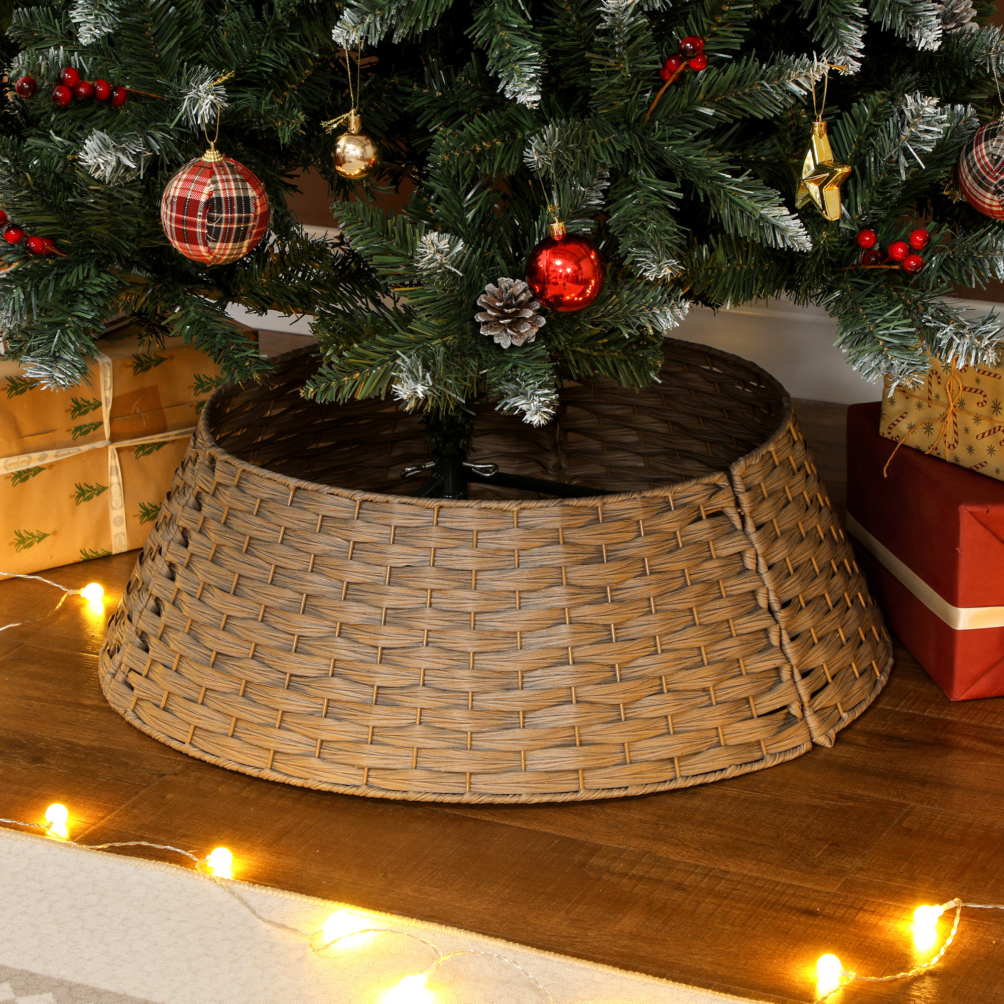 Woven Christmas tree collar in a rustic coffee brown finish, view 3