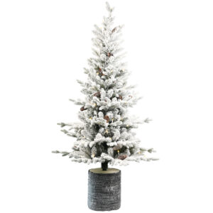 Pre lit flocked Christmas tree in a pot with warm white lights
