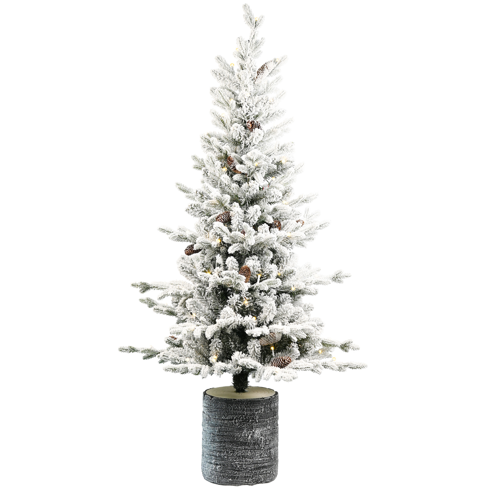 Pre lit flocked Christmas tree in a pot with warm white lights