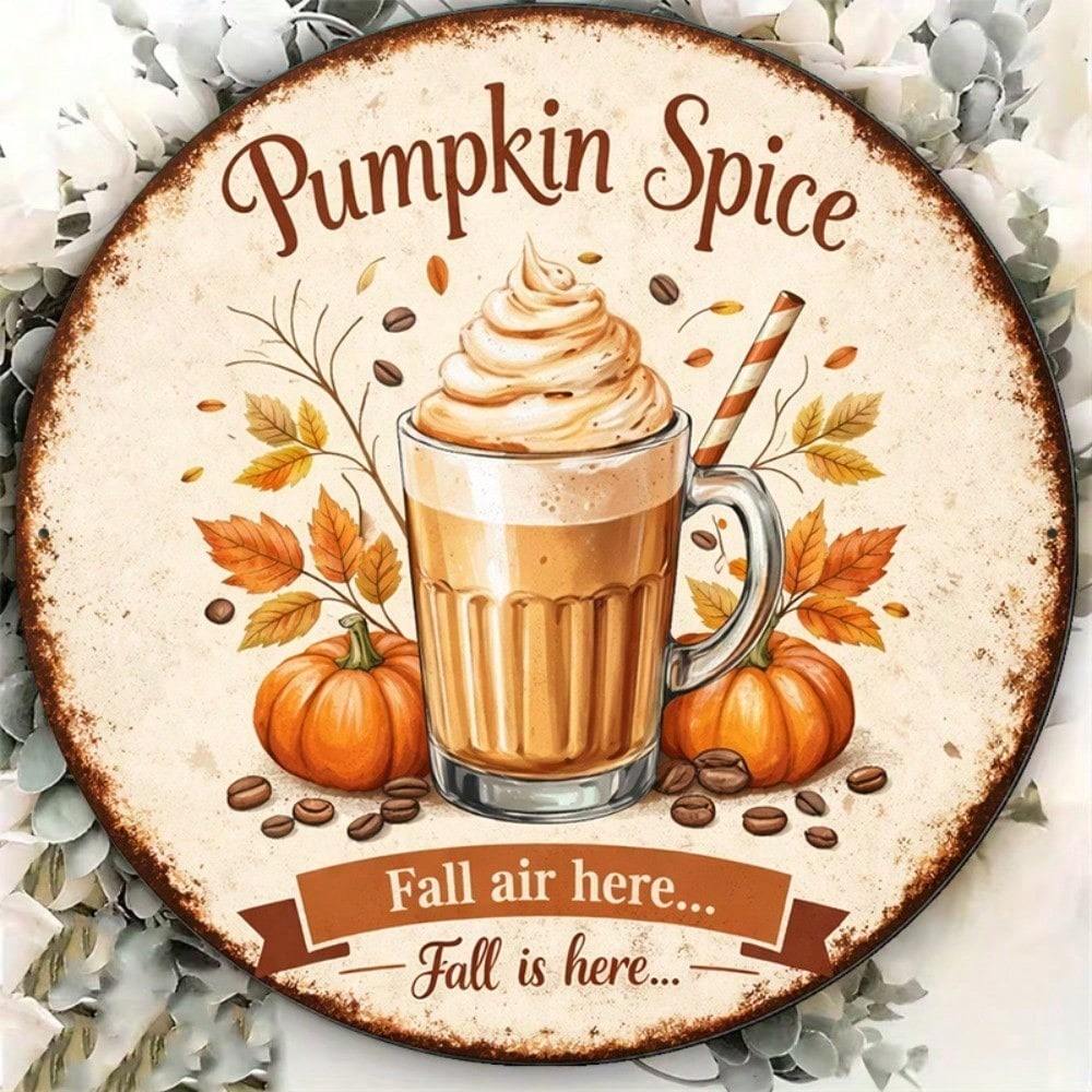Vintage Pumpkin Spice Latte Round Sign, Retro Autumn Wall Decor